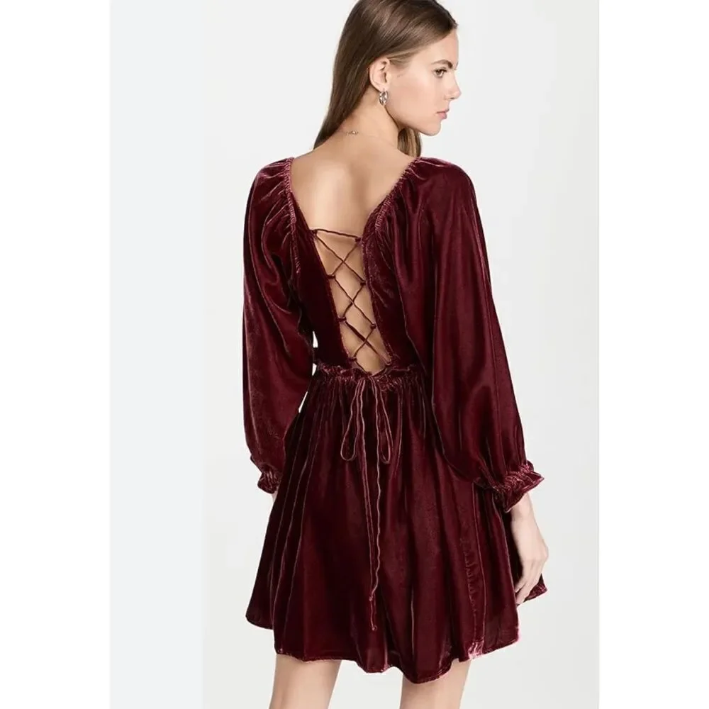 Free People Womens Velvet Lace Up Dress Daphne Long Sleeve Lined Red Size Medium